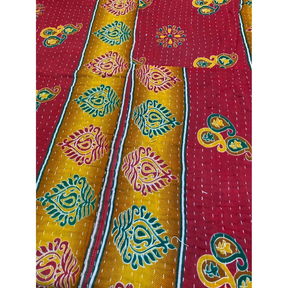 Handmade Indian Kantha Quilt Reversible Cotton Throw Blanket Red Yellow Paisley
